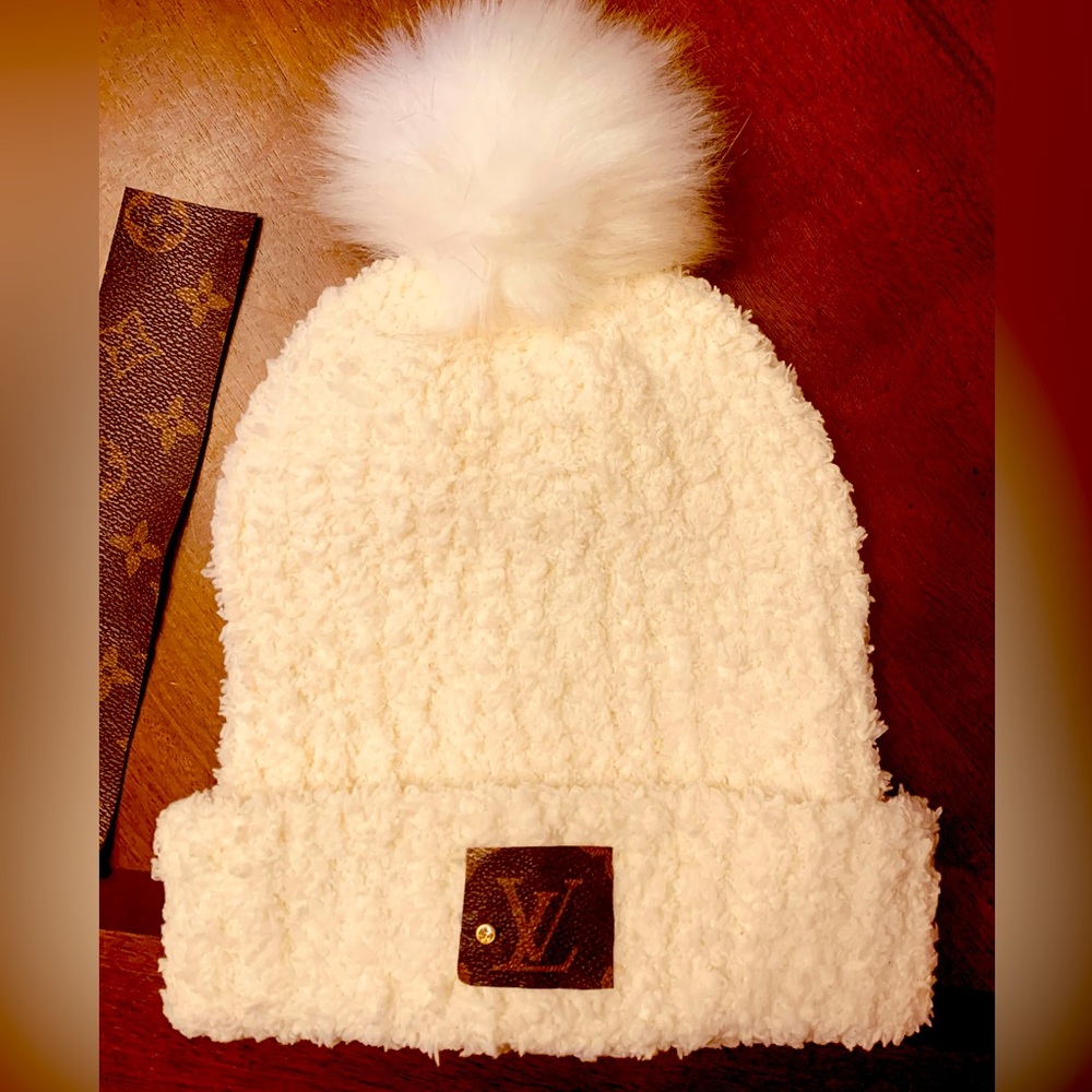 Beanie with Authentic vintage Louis Vuitton patch This is a repurposed piece.